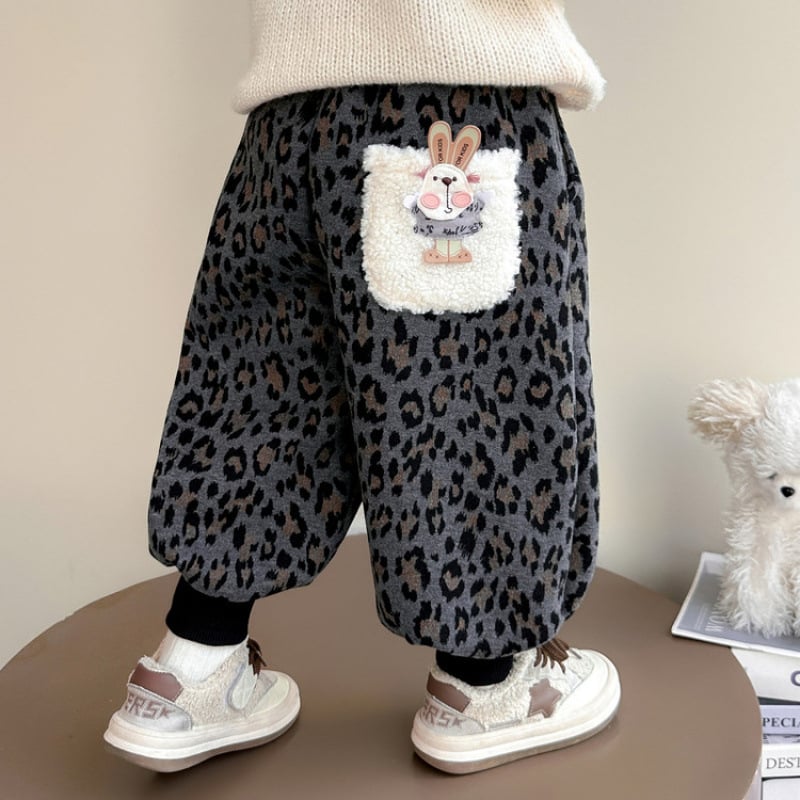Pantaloni fleece cu imprimeu leopard pentru fetițe, stil coreean, 80% bumbac, vârste 3–8 ani, toamnă 2025