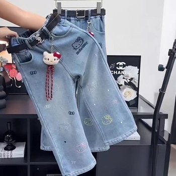 Jeansi din denim pentru fete, stil coreean, iarnă, 70% bumbac, model cu desene, talie medie cu elastic, țesătură moale