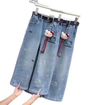 Jeansi din denim pentru fete, stil coreean, iarnă, 70% bumbac, model cu desene, talie medie cu elastic, țesătură moale