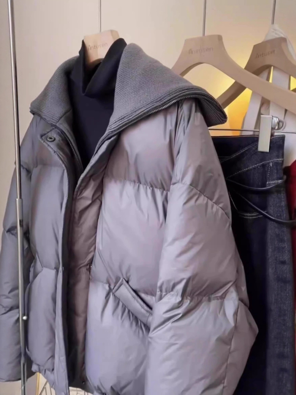 Zimski kaput s pamučnim punilom, siva, za žene nižeg rasta, srednje duljine, rever ovratnik, zatvarač, inspiriran Chanel stil