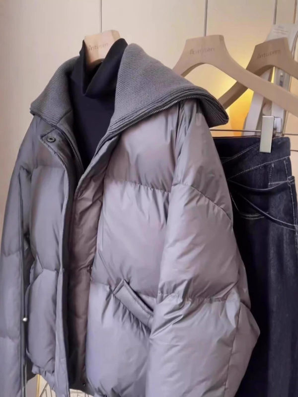 Zimski kaput s pamučnim punilom, siva, za žene nižeg rasta, srednje duljine, rever ovratnik, zatvarač, inspiriran Chanel stil
