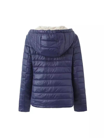 Geacă de damă cu glugă, groasă, umplutură din bumbac imitat mătase, țesătură poliester, lungime 50–65 cm, mâneci lungi