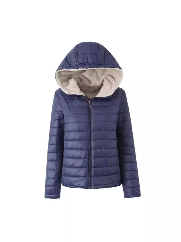 Geacă de damă cu glugă, groasă, umplutură din bumbac imitat mătase, țesătură poliester, lungime 50–65 cm, mâneci lungi