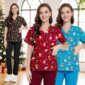 Set scrubs cu imprimeu Crăciun-Halloween – unisex, pentru doctori și asistente, top și pantaloni, decolteu în V, mâneci scurt, material poliester-spandex care evacuează umezeala