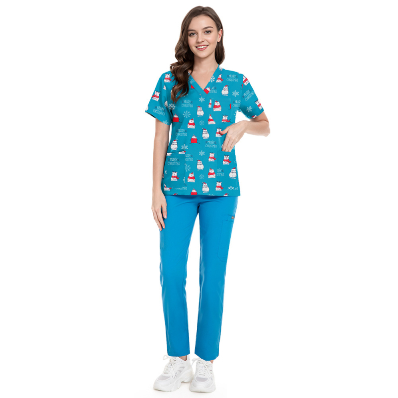 Set scrubs cu imprimeu Crăciun-Halloween – unisex, pentru doctori și asistente, top și pantaloni, decolteu în V, mâneci scurt, material poliester-spandex care evacuează umezeala