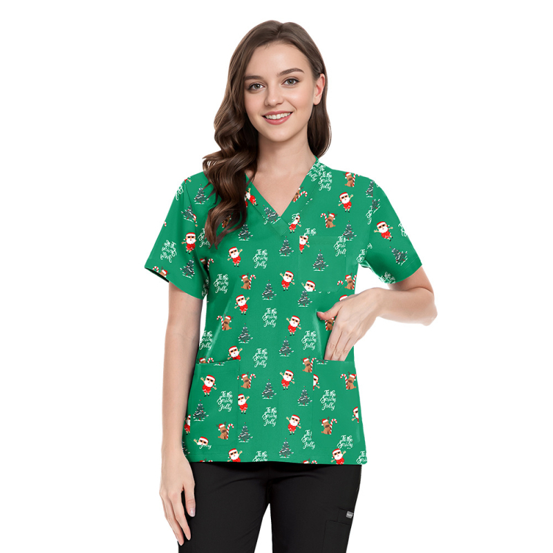 Set scrubs cu imprimeu Crăciun-Halloween – unisex, pentru doctori și asistente, top și pantaloni, decolteu în V, mâneci scurt, material poliester-spandex care evacuează umezeala