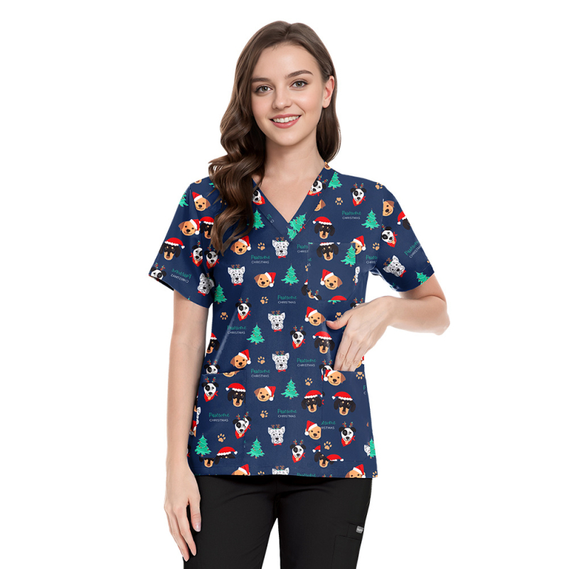 Set scrubs cu imprimeu Crăciun-Halloween – unisex, pentru doctori și asistente, top și pantaloni, decolteu în V, mâneci scurt, material poliester-spandex care evacuează umezeala