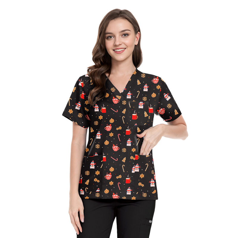 Set scrubs cu imprimeu Crăciun-Halloween – unisex, pentru doctori și asistente, top și pantaloni, decolteu în V, mâneci scurt, material poliester-spandex care evacuează umezeala