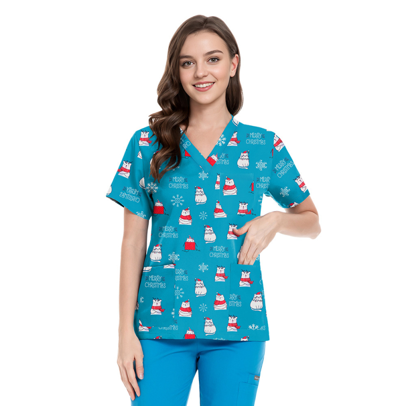 Set scrubs cu imprimeu Crăciun-Halloween – unisex, pentru doctori și asistente, top și pantaloni, decolteu în V, mâneci scurt, material poliester-spandex care evacuează umezeala