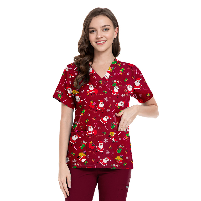 Set scrubs cu imprimeu Crăciun-Halloween – unisex, pentru doctori și asistente, top și pantaloni, decolteu în V, mâneci scurt, material poliester-spandex care evacuează umezeala