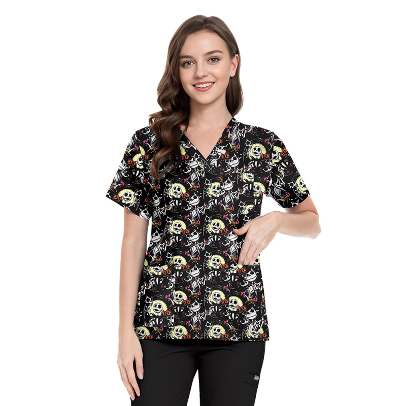 Set scrubs cu imprimeu Crăciun-Halloween – unisex, pentru doctori și asistente, top și pantaloni, decolteu în V, mâneci scurt, material poliester-spandex care evacuează umezeala