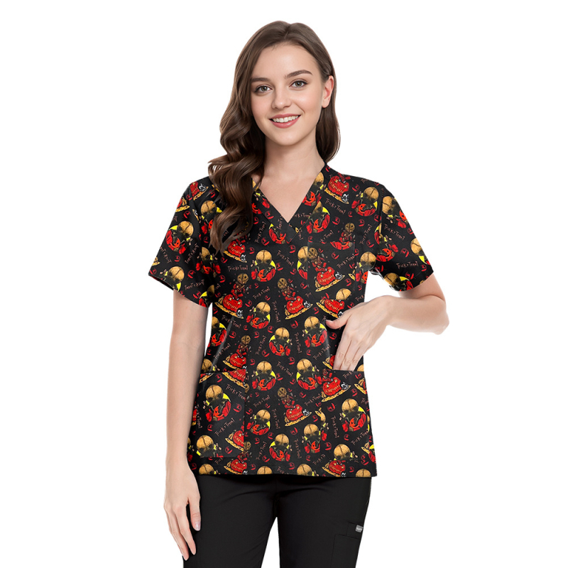 Set scrubs cu imprimeu Crăciun-Halloween – unisex, pentru doctori și asistente, top și pantaloni, decolteu în V, mâneci scurt, material poliester-spandex care evacuează umezeala