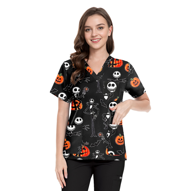 Set scrubs cu imprimeu Crăciun-Halloween – unisex, pentru doctori și asistente, top și pantaloni, decolteu în V, mâneci scurt, material poliester-spandex care evacuează umezeala