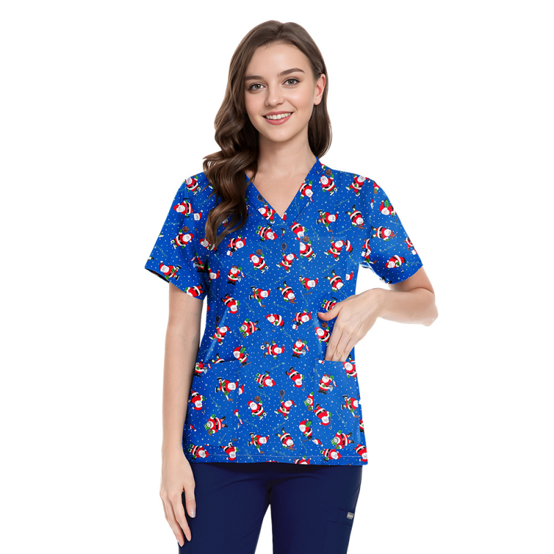 Set scrubs cu imprimeu Crăciun-Halloween – unisex, pentru doctori și asistente, top și pantaloni, decolteu în V, mâneci scurt, material poliester-spandex care evacuează umezeala