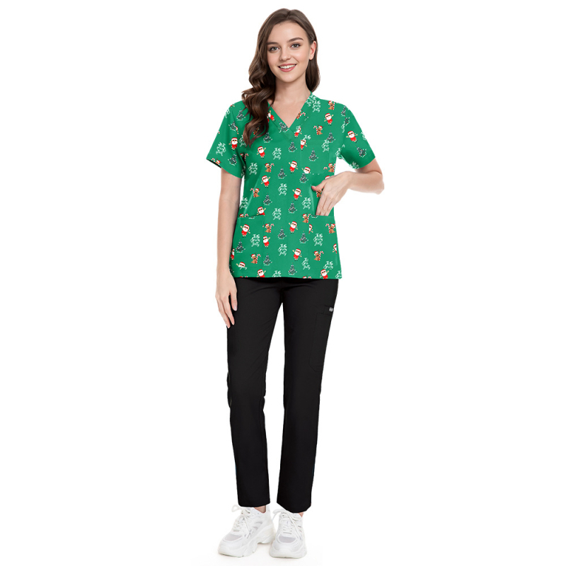 Set scrubs cu imprimeu Crăciun-Halloween – unisex, pentru doctori și asistente, top și pantaloni, decolteu în V, mâneci scurt, material poliester-spandex care evacuează umezeala