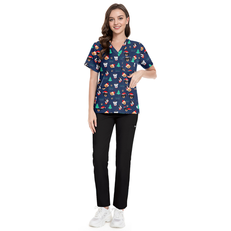 Set scrubs cu imprimeu Crăciun-Halloween – unisex, pentru doctori și asistente, top și pantaloni, decolteu în V, mâneci scurt, material poliester-spandex care evacuează umezeala