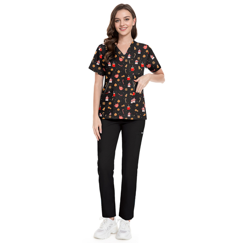 Set scrubs cu imprimeu Crăciun-Halloween – unisex, pentru doctori și asistente, top și pantaloni, decolteu în V, mâneci scurt, material poliester-spandex care evacuează umezeala