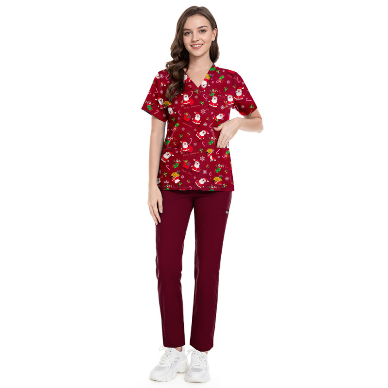 Set scrubs cu imprimeu Crăciun-Halloween – unisex, pentru doctori și asistente, top și pantaloni, decolteu în V, mâneci scurt, material poliester-spandex care evacuează umezeala