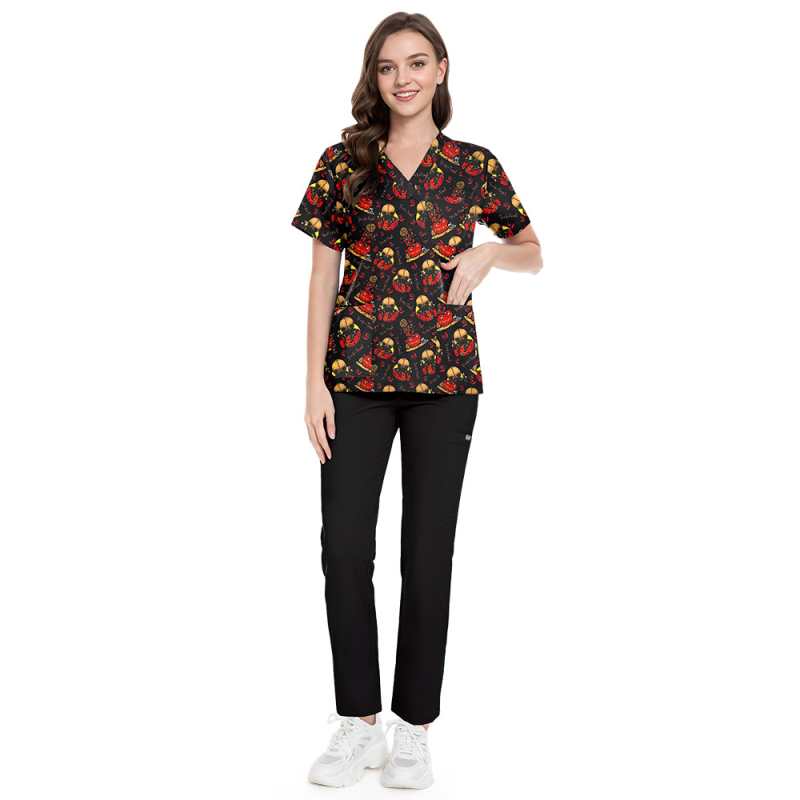 Set scrubs cu imprimeu Crăciun-Halloween – unisex, pentru doctori și asistente, top și pantaloni, decolteu în V, mâneci scurt, material poliester-spandex care evacuează umezeala
