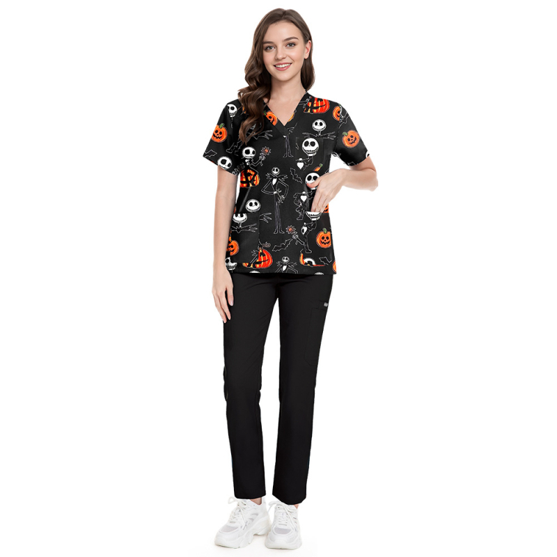 Set scrubs cu imprimeu Crăciun-Halloween – unisex, pentru doctori și asistente, top și pantaloni, decolteu în V, mâneci scurt, material poliester-spandex care evacuează umezeala