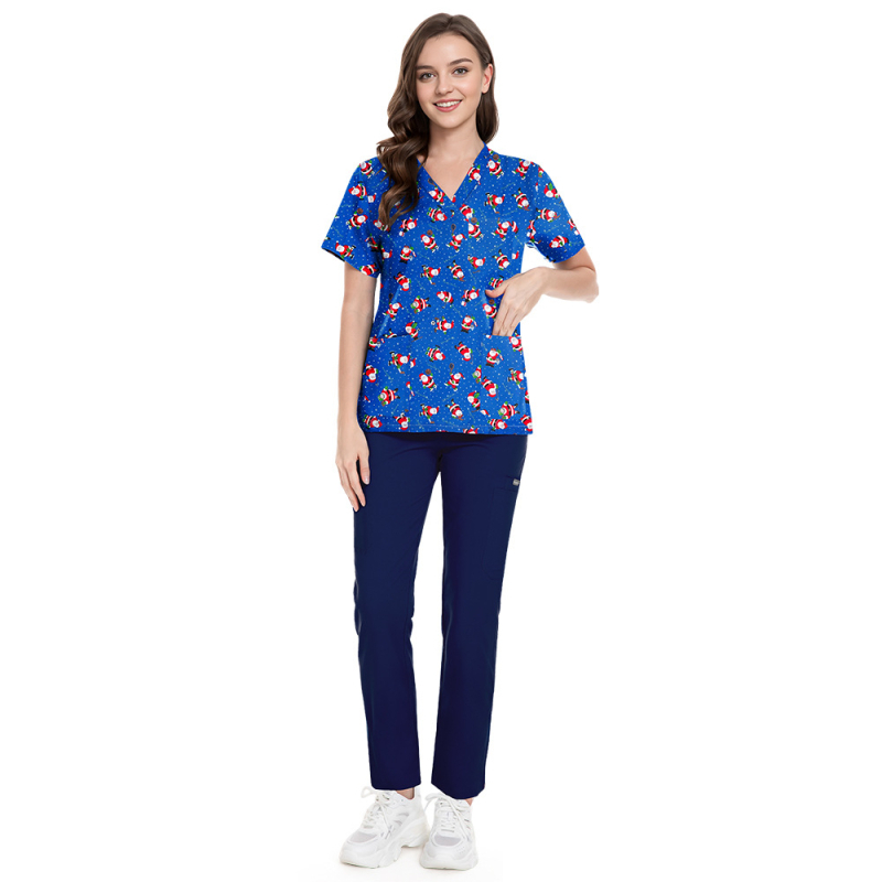 Set scrubs cu imprimeu Crăciun-Halloween – unisex, pentru doctori și asistente, top și pantaloni, decolteu în V, mâneci scurt, material poliester-spandex care evacuează umezeala