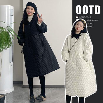 Grūtnieču jaka, bieza ziemas 2024, korejiešu stils, brīvs piegriezums, vidēja garuma, poliesterā audums, vēdera segums