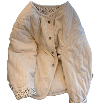 Ženska corduroy jakna s cvjetnim quilt uzorkom, polo ovratnik, duge rukave, srednja duljina