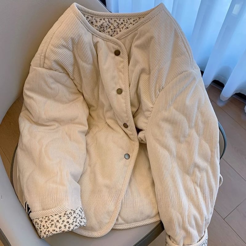 Ženska corduroy jakna s cvjetnim quilt uzorkom, polo ovratnik, duge rukave, srednja duljina