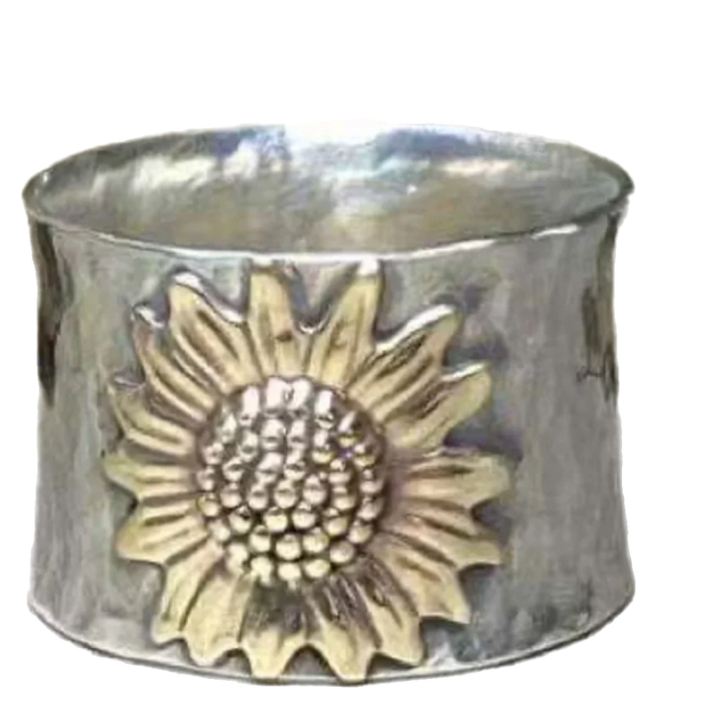 Uniszex réz gyűrű retro széles stílussal és napraforgó mintával, geometriális dizájn