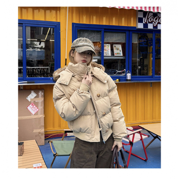 Levehető kapucnis pamutdzseki, 2025 tél, laza szabás, rövid fazon, vastag poliészter-pamut tömés