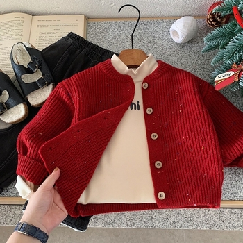 Cardigan pentru copii, gros, din acril, guler rotund, mâneci lungi, închidere cu nasturi