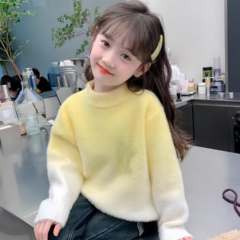 Gyerekeknek szóló műnork velvet kötött pulóver, gradiens mintával, hosszú ujjú, vastag kötött, kerek nyak