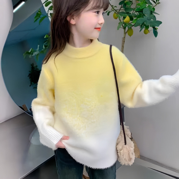 Gyerekeknek szóló műnork velvet kötött pulóver, gradiens mintával, hosszú ujjú, vastag kötött, kerek nyak