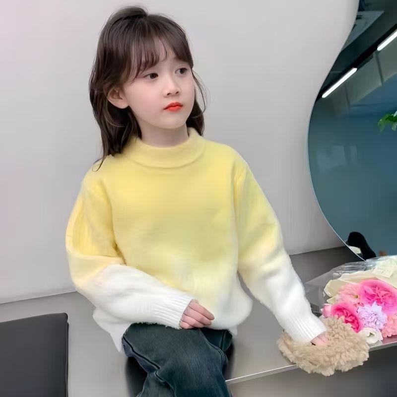 Gyerekeknek szóló műnork velvet kötött pulóver, gradiens mintával, hosszú ujjú, vastag kötött, kerek nyak