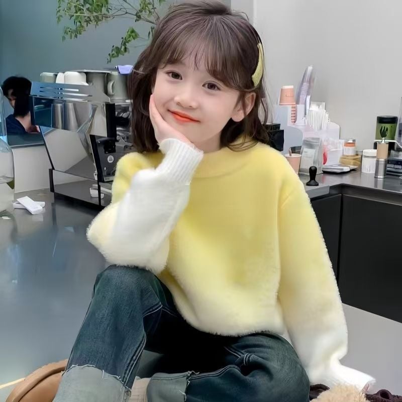 Gyerekeknek szóló műnork velvet kötött pulóver, gradiens mintával, hosszú ujjú, vastag kötött, kerek nyak