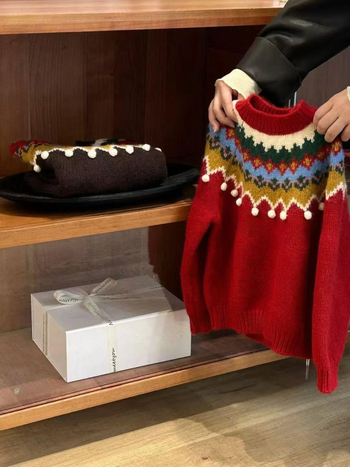 Dječji džemper - vintage Fair Isle pleteni uzorak, korejski stil, debeli pleteni, 60% akril, dugi rukavi