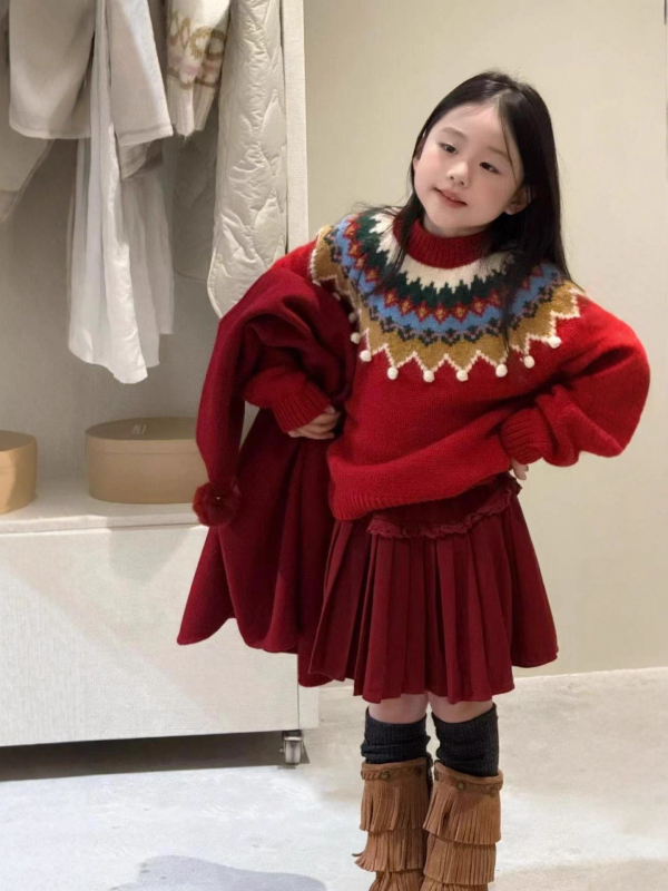 Dječji džemper - vintage Fair Isle pleteni uzorak, korejski stil, debeli pleteni, 60% akril, dugi rukavi