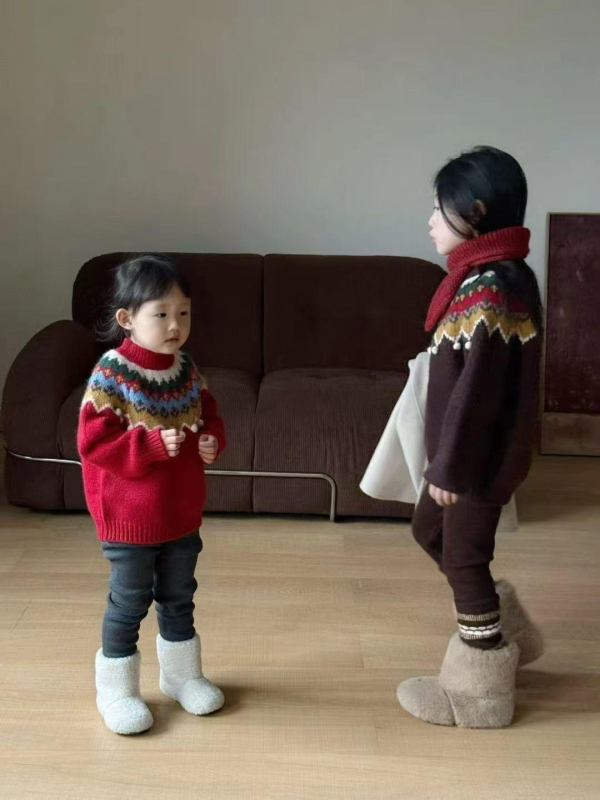 Dječji džemper - vintage Fair Isle pleteni uzorak, korejski stil, debeli pleteni, 60% akril, dugi rukavi