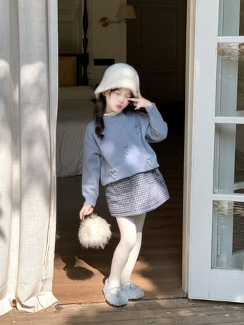 Pulover tricotat pentru copii, stil coreean, cu căptușeală din bumbac și fustă în carouri, iarna 2025, pentru copii 3–8 ani, țesătură moale tratată, material principal acrilic 45%