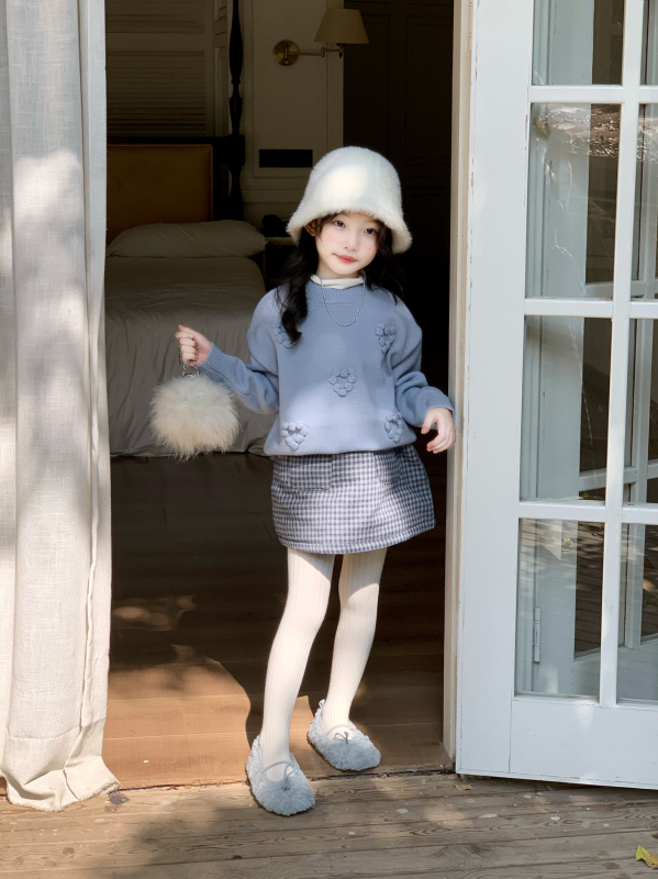 Pulover tricotat pentru copii, stil coreean, cu căptușeală din bumbac și fustă în carouri, iarna 2025, pentru copii 3–8 ani, țesătură moale tratată, material principal acrilic 45%