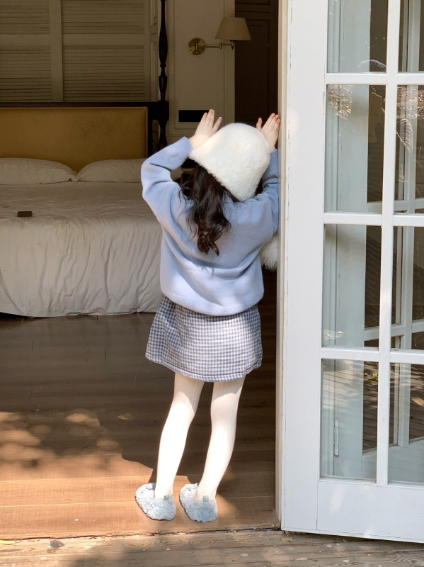 Pulover tricotat pentru copii, stil coreean, cu căptușeală din bumbac și fustă în carouri, iarna 2025, pentru copii 3–8 ani, țesătură moale tratată, material principal acrilic 45%