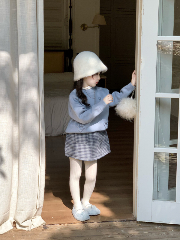 Pulover tricotat pentru copii, stil coreean, cu căptușeală din bumbac și fustă în carouri, iarna 2025, pentru copii 3–8 ani, țesătură moale tratată, material principal acrilic 45%