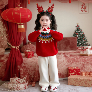 Lányok karácsonyi kötött pulóvere, koreai stílus, kapucnival, hosszú ujjú, 70% pamut