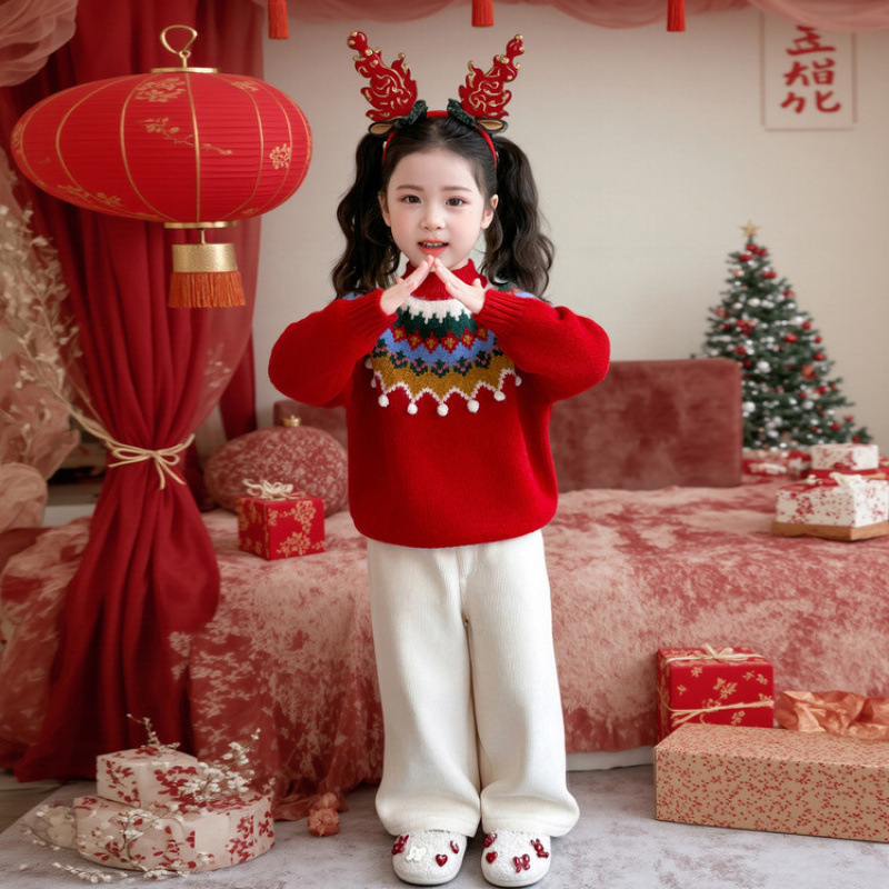 Lányok karácsonyi kötött pulóvere, koreai stílus, kapucnival, hosszú ujjú, 70% pamut