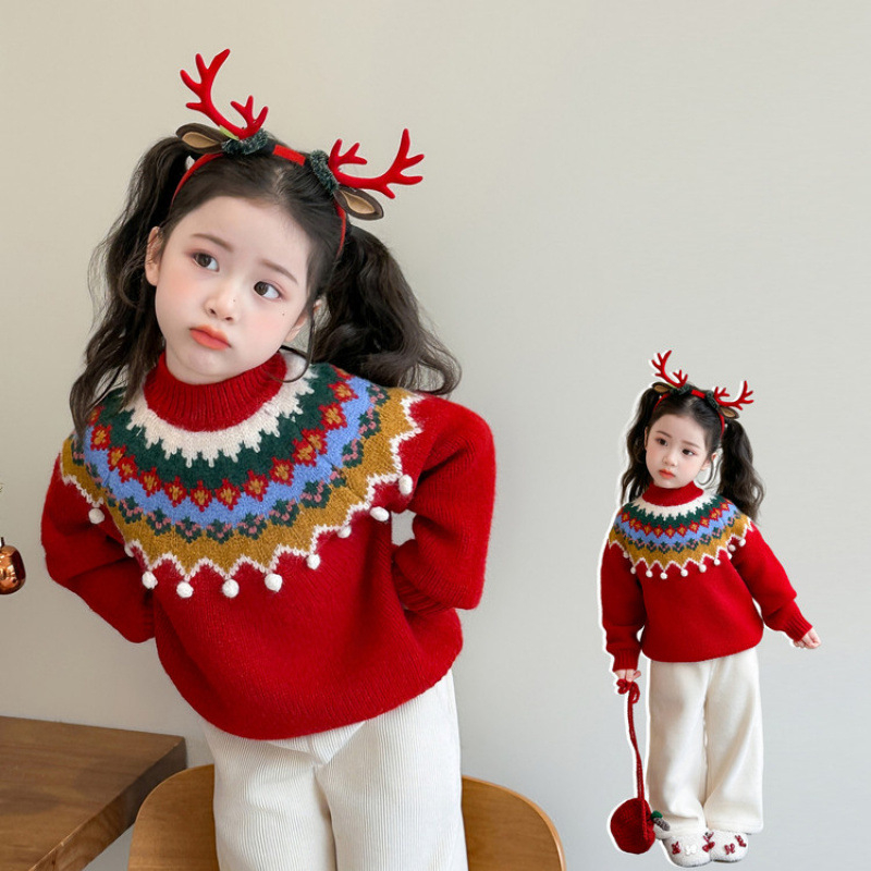 Lányok karácsonyi kötött pulóvere, koreai stílus, kapucnival, hosszú ujjú, 70% pamut