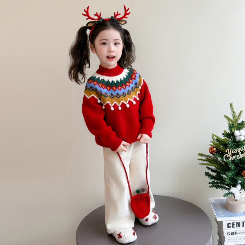 Lányok karácsonyi kötött pulóvere, koreai stílus, kapucnival, hosszú ujjú, 70% pamut
