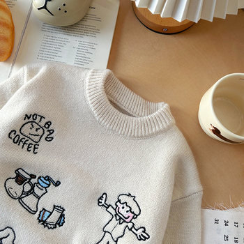 Pulover pentru copii cu motiv brodat de desene animate, guler rotund, mâneci lungi, din amestec acrilic, textură moale, stil coreean, iarna 2025
