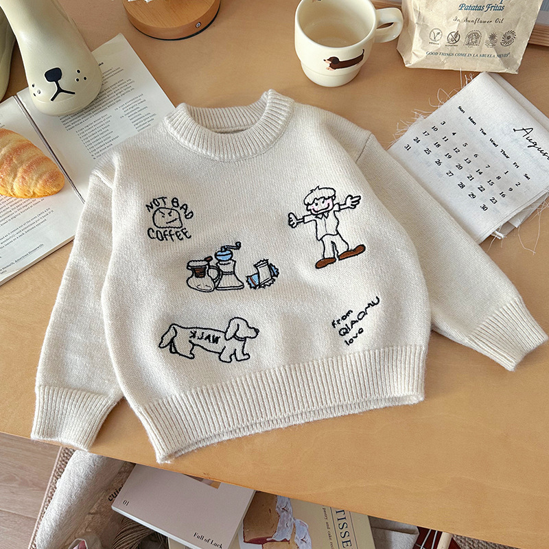 Pulover pentru copii cu motiv brodat de desene animate, guler rotund, mâneci lungi, din amestec acrilic, textură moale, stil coreean, iarna 2025