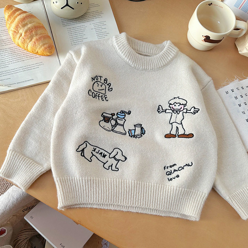 Pulover pentru copii cu motiv brodat de desene animate, guler rotund, mâneci lungi, din amestec acrilic, textură moale, stil coreean, iarna 2025