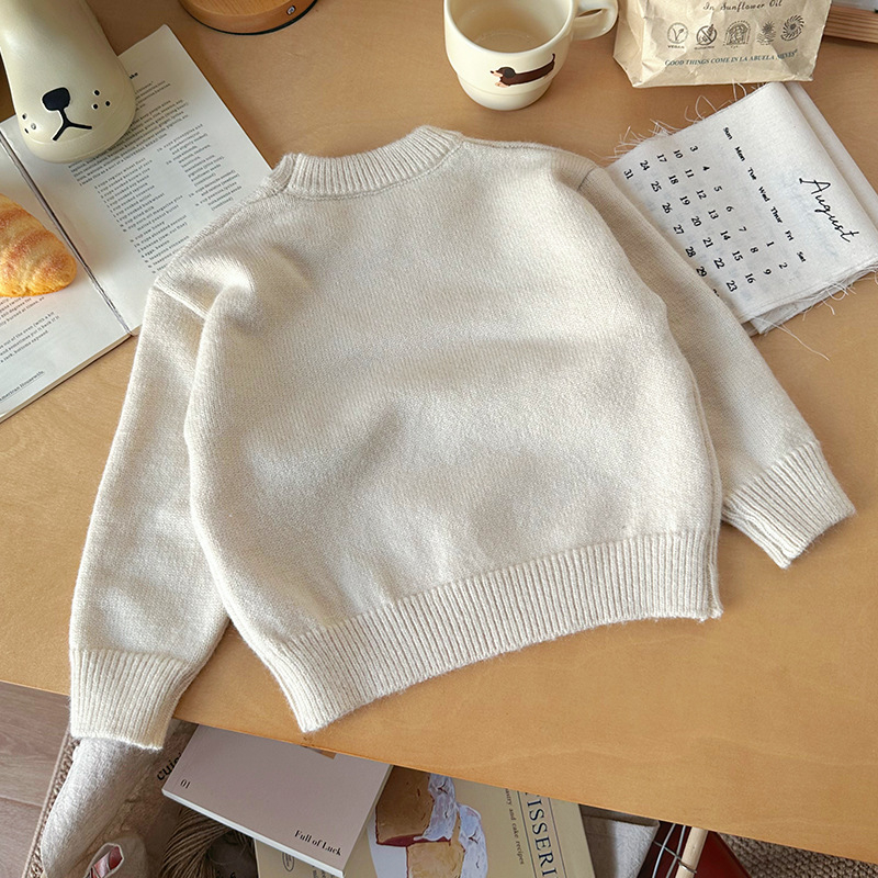 Pulover pentru copii cu motiv brodat de desene animate, guler rotund, mâneci lungi, din amestec acrilic, textură moale, stil coreean, iarna 2025